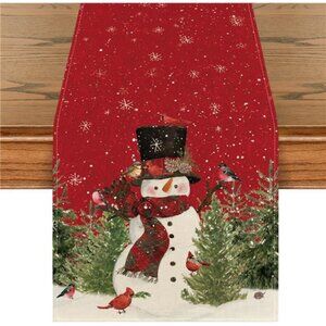 Snowman Christmas Birds Trees Table Runner, Seasonal Winter Xmas Holiday Kitchen